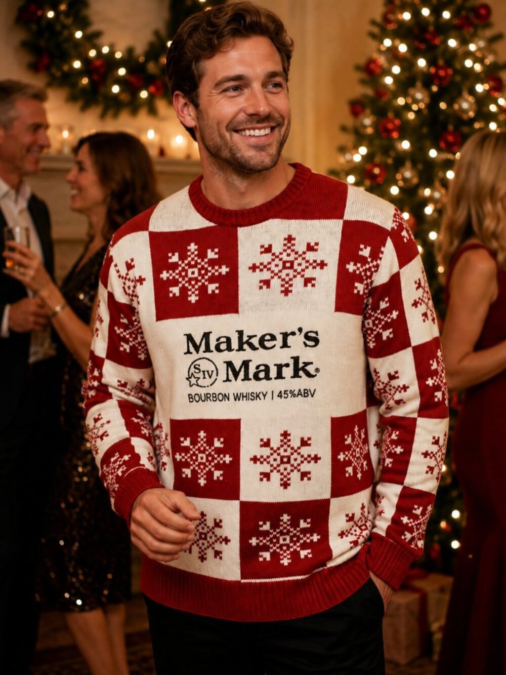 Beam Suntory Maker's Mark Red White Check Long Sleeve Ugly Holiday Sweater XL